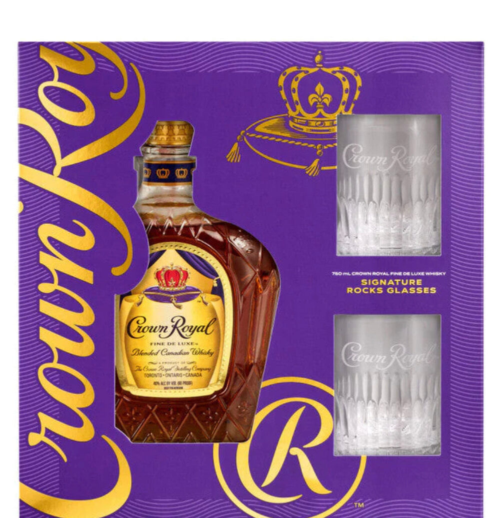 Crown Royal Canadian Fine De Luxe Whisky w/ Holiday Glasses