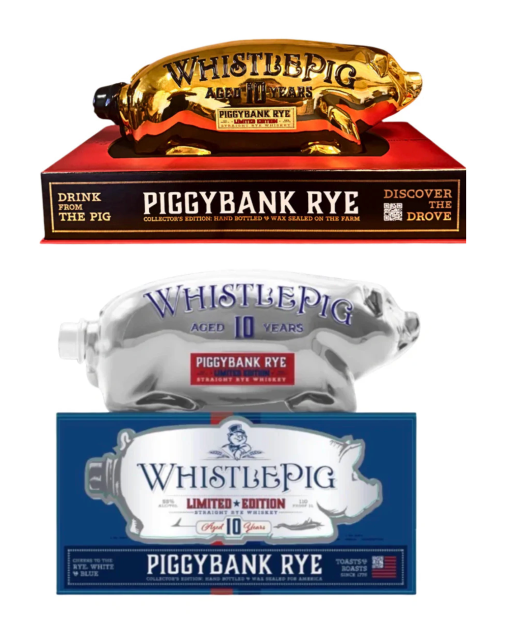 WhistlePig 10 Year Piggybank Rye, White, and Blue Limited Edition 1L & WhistlePig 10 Year Piggybank Straight Rye Whiskey 2025 Release Value Bundle
